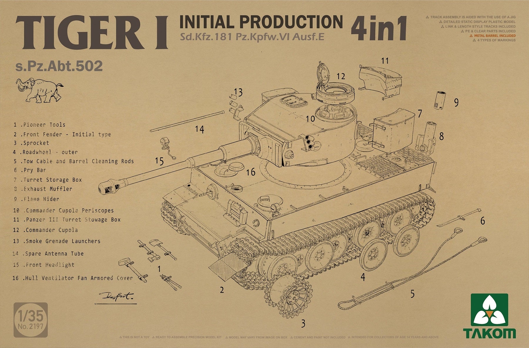 Takom 2197 1/35 Tiger 1 Initial Prod. SdKfz.181 PzKpfw.VI Ausf.E sPzAb