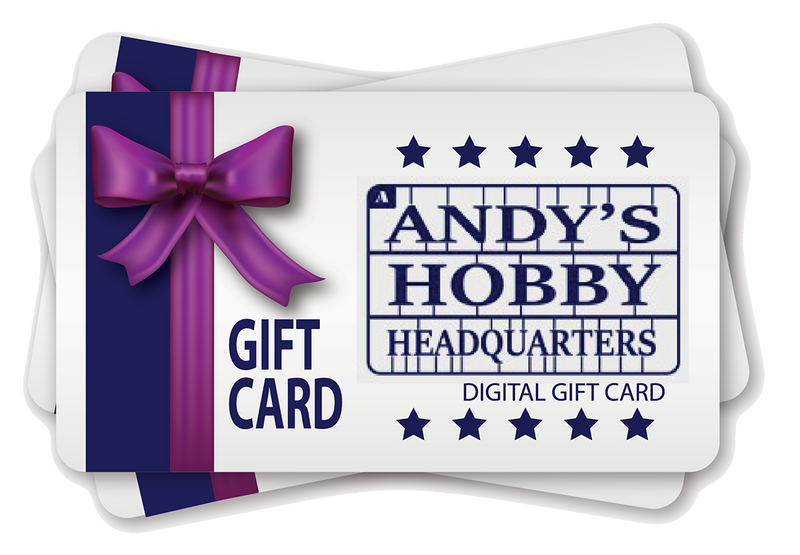 Andy's Hobby Headquarters E-Gift Card - available in $10-$25-$50-$100-$150-$250-$500 denominations.