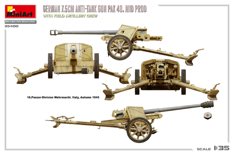 MiniArt 35400 1/35 GERMAN 7.5CM ANTI-TANK GUN PAK 40. MID PROD. WITH FIELD ARTILLERY CREW