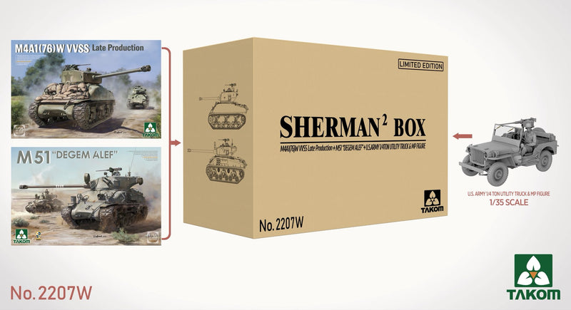 ***PREORDER - NOT IN STOCK TAKOM 2207W  1/35 SHERMAN 2 BIG BOX (2 SHERMAN KITS PLUS 1/35 JEEP) PREORDER***