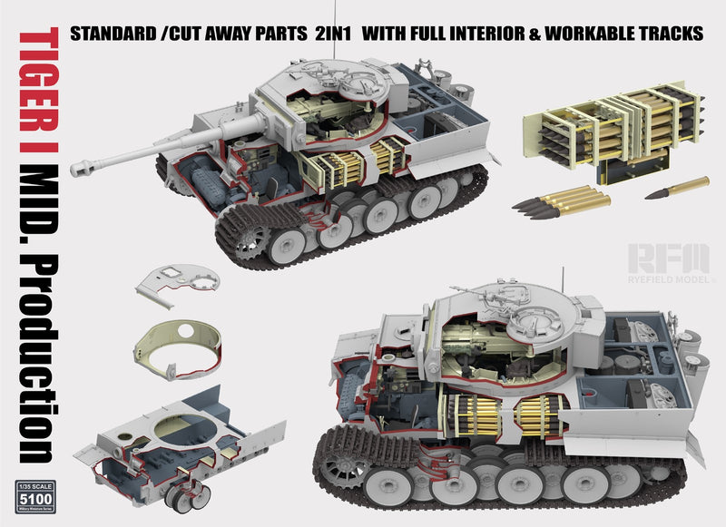 Rye Field Model 5100 1/35 Tiger I Mid. Standard/Cut Away Parts 2in1 w/ full interior & workable tracks