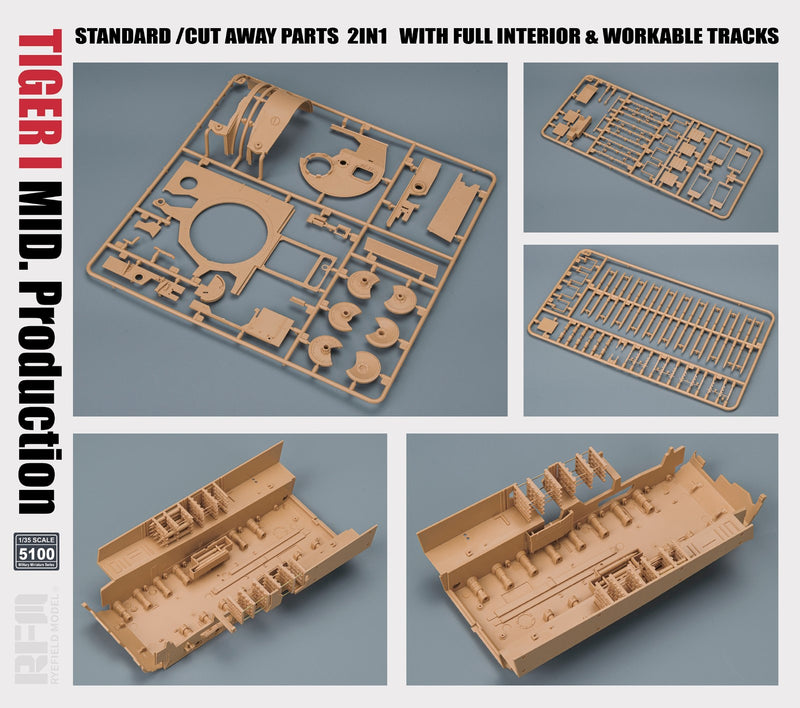 Rye Field Model 5100 1/35 Tiger I Mid. Standard/Cut Away Parts 2in1 w/ full interior & workable tracks