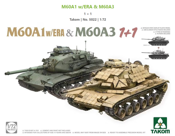 Takom 5022 1/72 M60A1 w/ERA & M60A3     1 + 1    (TWO KITS IN BOX )