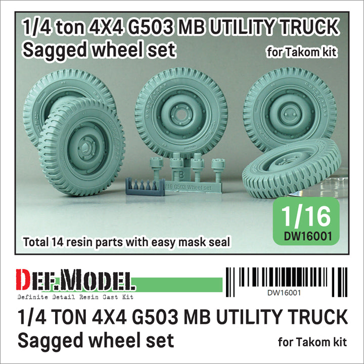Def Model DW16001 1/16 WW2 US 1/4 Ton Utility Truck Sagged Wheel set (for Takom kit)