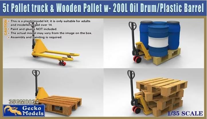 Gecko Models 35GM0034 1/35 5t Pallet Truck & Wooden Pallet with 200 Litre Oil Drum and Plastic Barrel