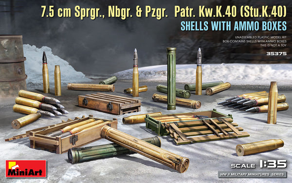 MiniArt 35375 1/35 7.5cm Sprgr, Nbgr, & Pzgr. Patr. Kw.K.40 (Stu.K.40) Shells w/Ammo Boxes