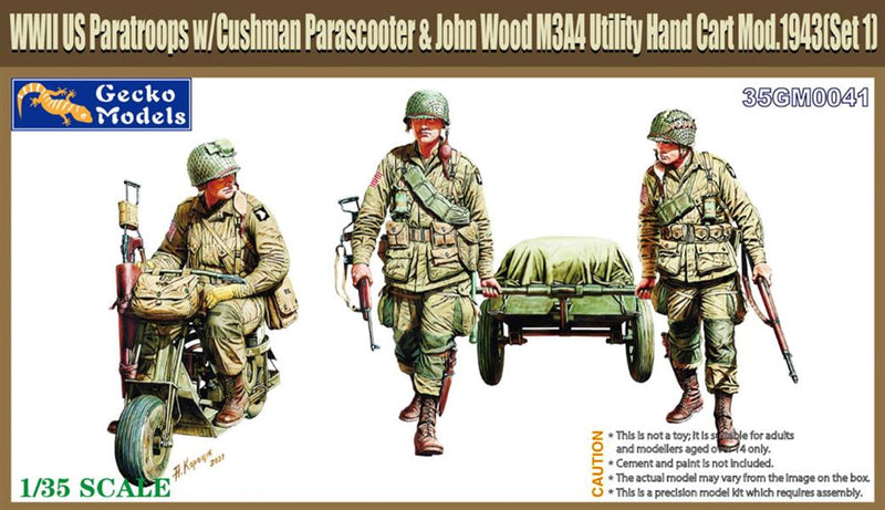 Gecko Models 35GM0041 1/35 M53 Scooter Cushman w/ John Wood M3A4 Utility Hand Cart Mod. 1943 & US Paratroops