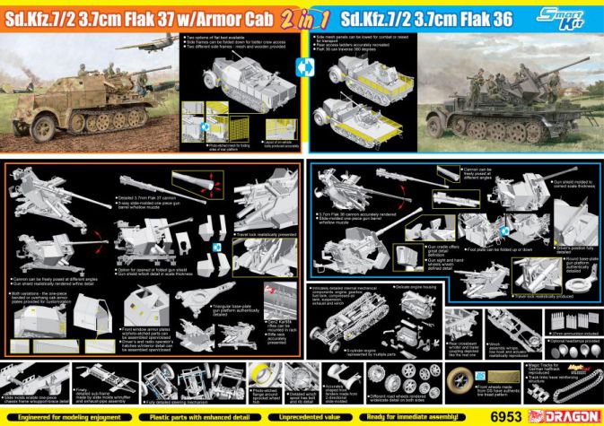 Dragon 6953 1/35 Sd.Kfz 7/2 3.7cm Flak a37- 3.7cm Flak 36 2 in 1