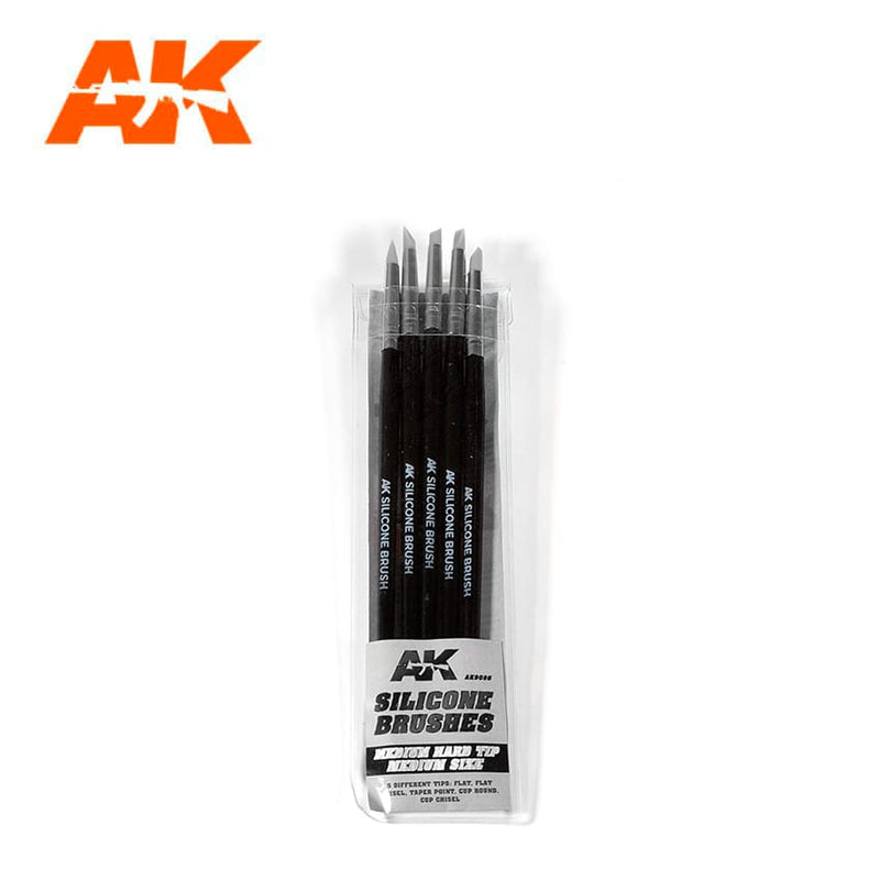 AK Interactive 9086 Silicone Brushes- Medium Hard Tip, Medium 5 Pack