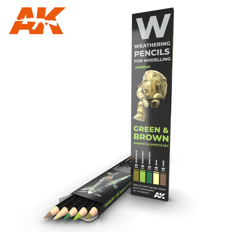 AK Interactive 10040 GREEN & BROWN Weathering Pencil Set