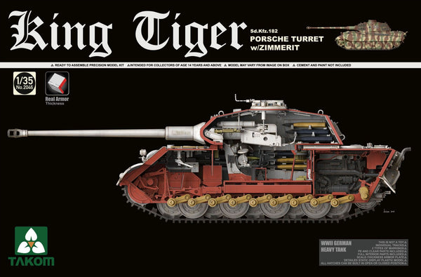 Takom 2046 1/35 WWII German King Tiger SdKfz 182 Porsche Turret Heavy Tank w/Zimmerit & Interior