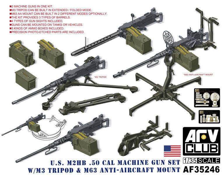 AFV Club 35246 1/35 U.S. M2HB .50 Cal Machine Gun Set w/M3 Tripod & M63 Anti-Aircraft Mount