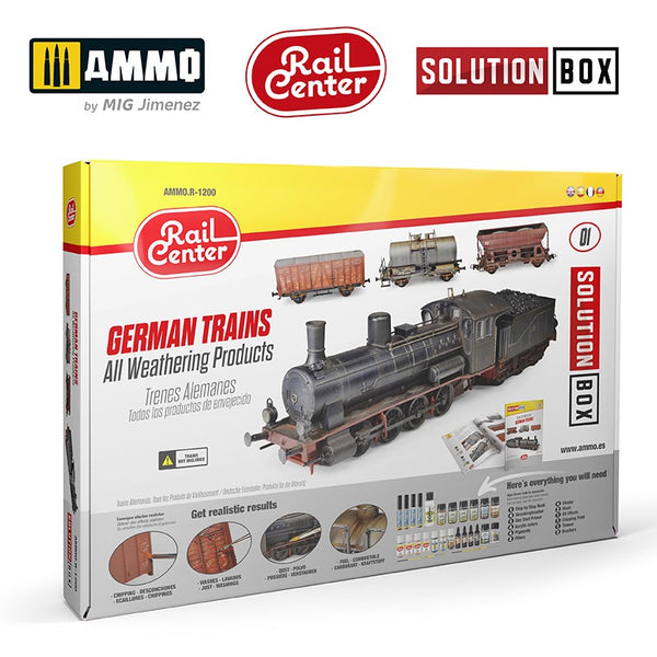 AMMO by Mig R-1200 RAIL CENTER Solution Box 01 – German Trains. All Weathering Products